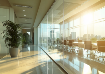 große saubere Glaswände in denen sich die Sonne spiegelt